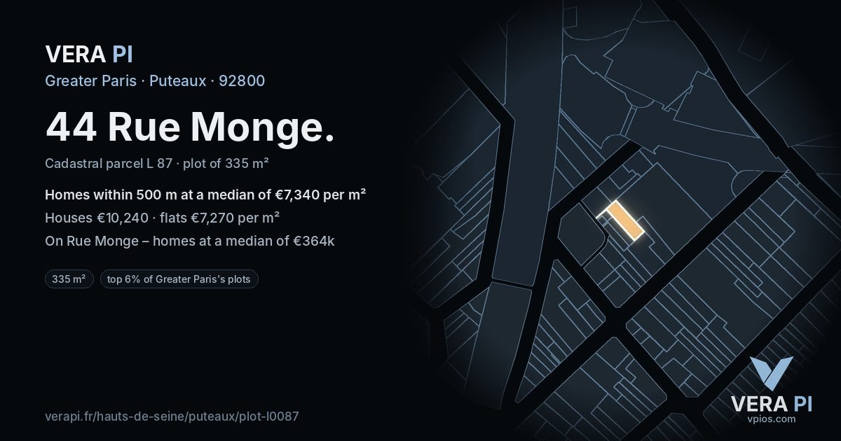 44 Rue Monge, Puteaux at night – the plot lit, the parcels around coloured by the prices near them