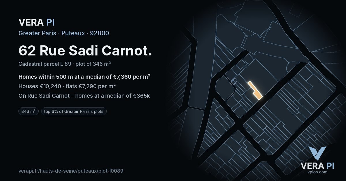 62 Rue Sadi Carnot, Puteaux at night – the plot lit, the parcels around coloured by the prices near them