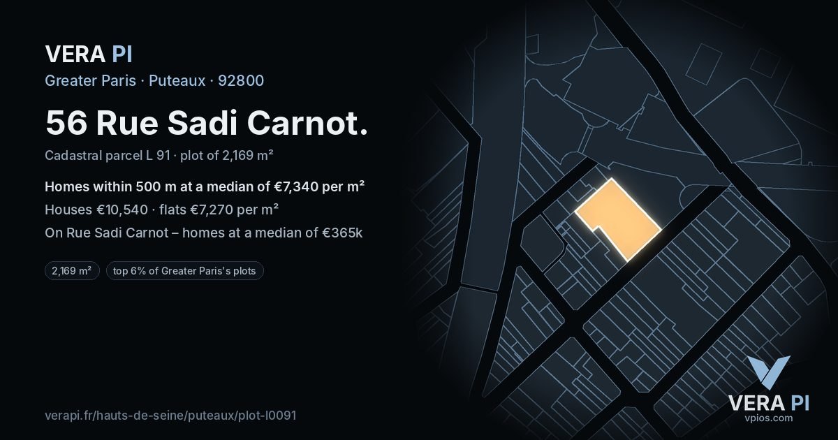 56 Rue Sadi Carnot, Puteaux at night – the plot lit, the parcels around coloured by the prices near them