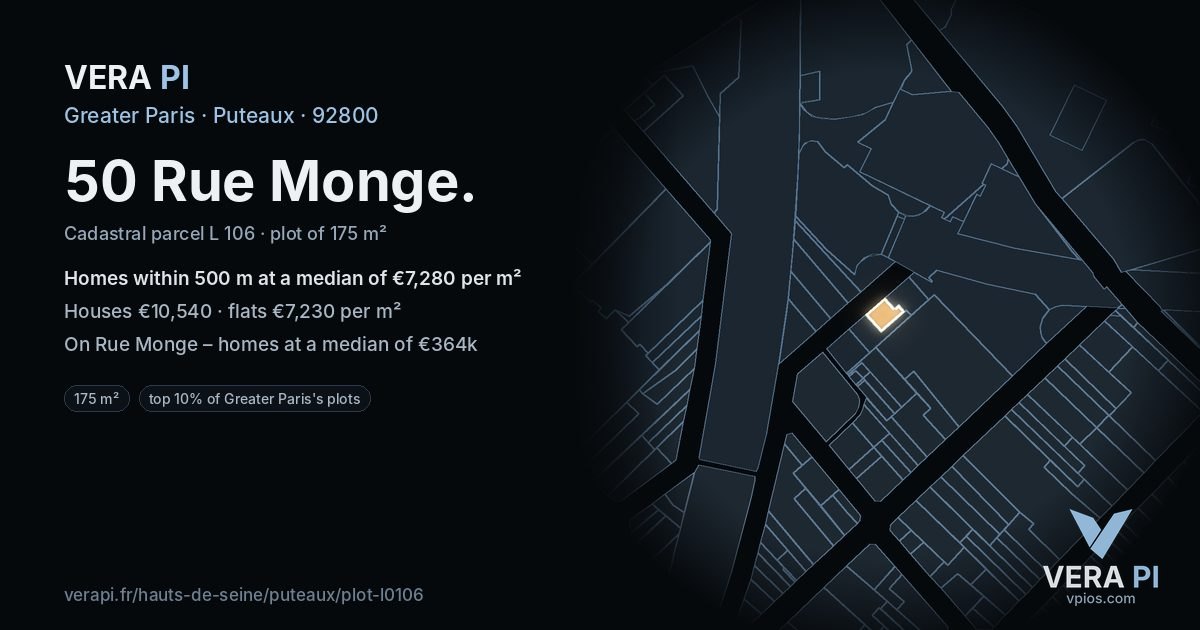 50 Rue Monge, Puteaux at night – the plot lit, the parcels around coloured by the prices near them