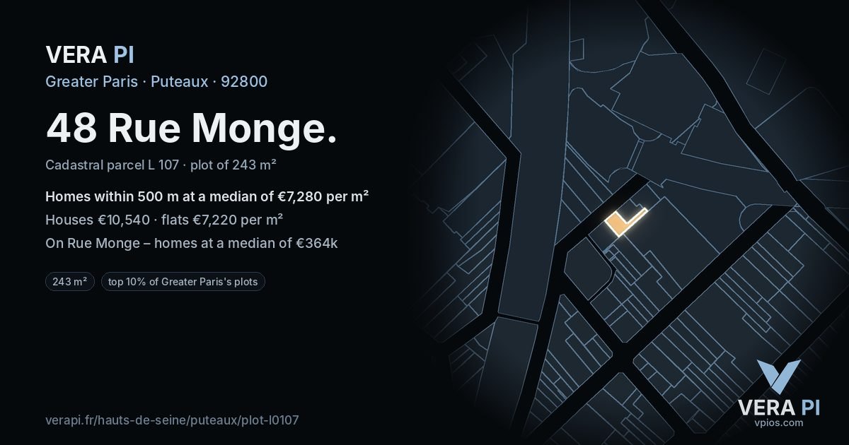 48 Rue Monge, Puteaux at night – the plot lit, the parcels around coloured by the prices near them