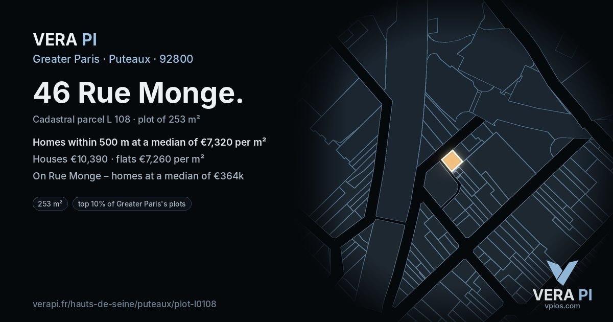 46 Rue Monge, Puteaux at night – the plot lit, the parcels around coloured by the prices near them