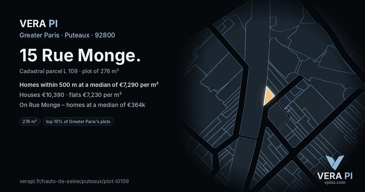15 Rue Monge, Puteaux at night – the plot lit, the parcels around coloured by the prices near them