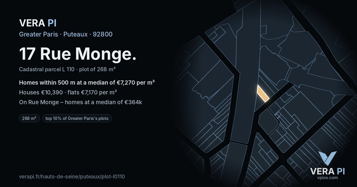 17 Rue Monge, Puteaux at night – the plot lit, the parcels around coloured by the prices near them