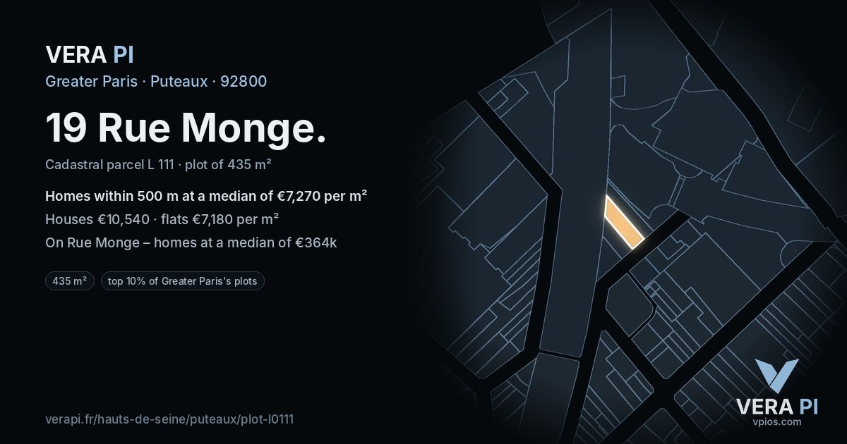19 Rue Monge, Puteaux at night – the plot lit, the parcels around coloured by the prices near them
