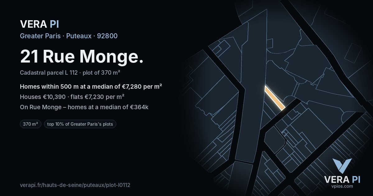 21 Rue Monge, Puteaux at night – the plot lit, the parcels around coloured by the prices near them