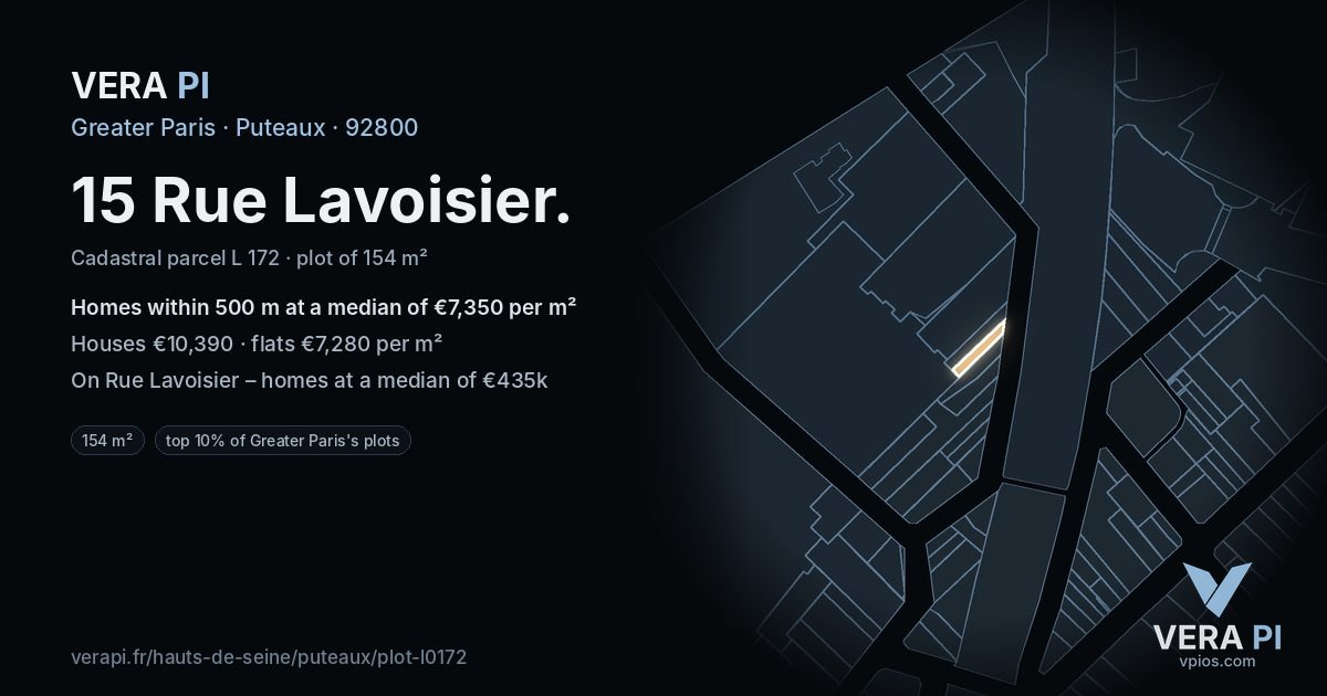 15 Rue Lavoisier, Puteaux at night – the plot lit, the parcels around coloured by the prices near them