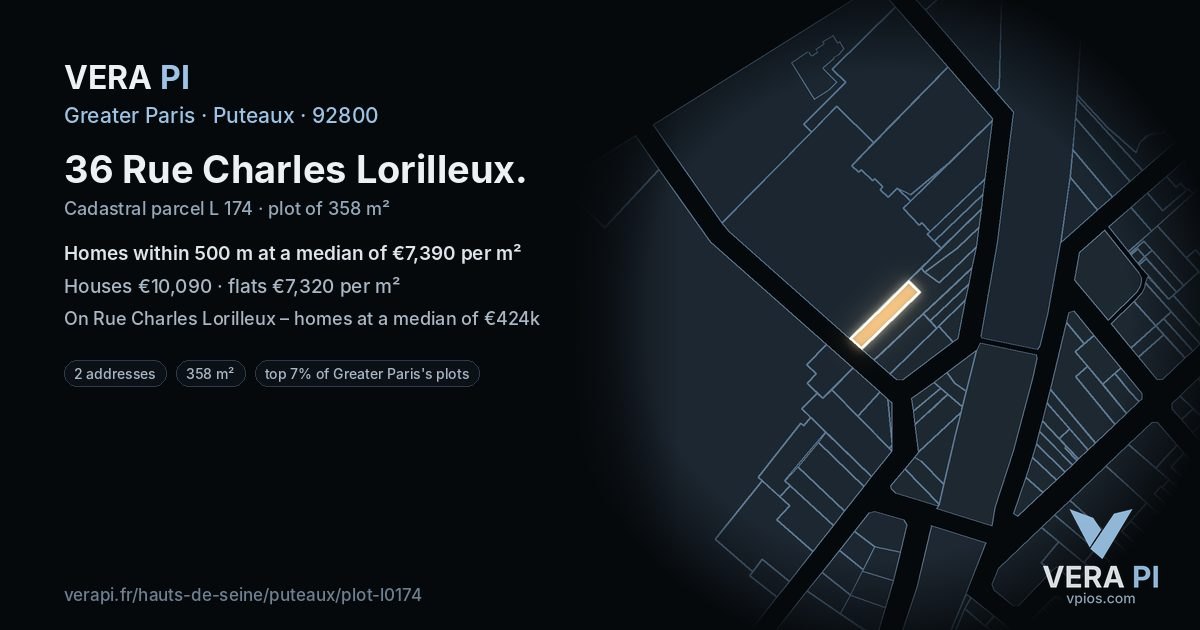 36 Rue Charles Lorilleux, Puteaux at night – the plot lit, the parcels around coloured by the prices near them