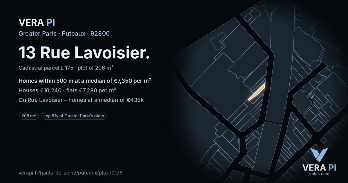 13 Rue Lavoisier, Puteaux at night – the plot lit, the parcels around coloured by the prices near them