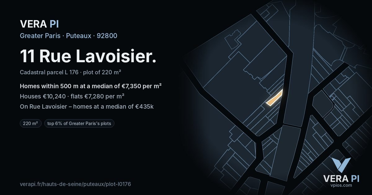 11 Rue Lavoisier, Puteaux at night – the plot lit, the parcels around coloured by the prices near them