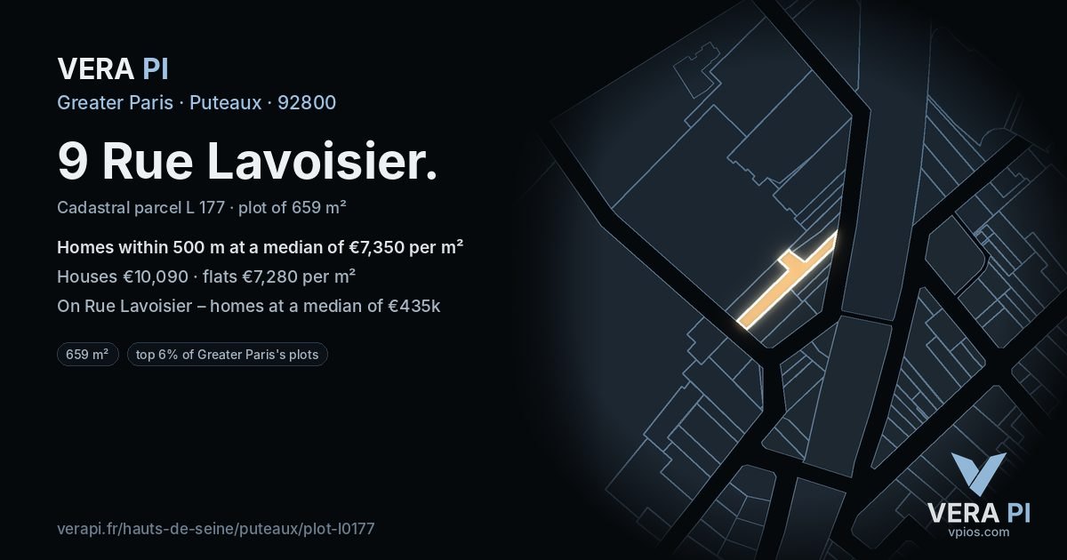 9 Rue Lavoisier, Puteaux at night – the plot lit, the parcels around coloured by the prices near them
