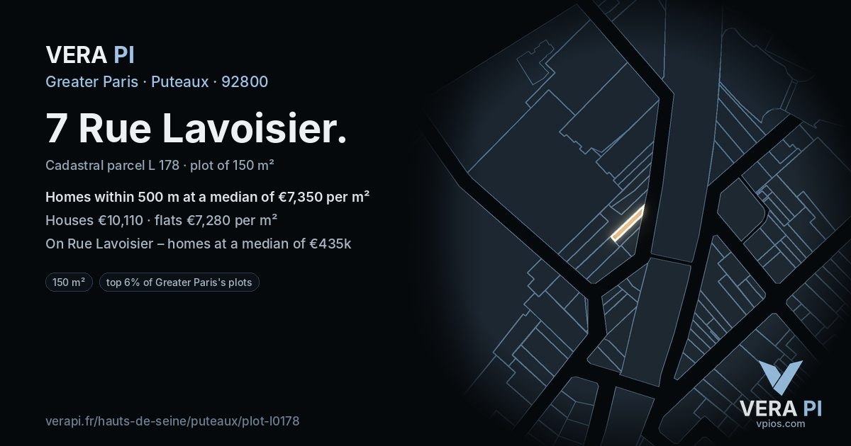 7 Rue Lavoisier, Puteaux at night – the plot lit, the parcels around coloured by the prices near them