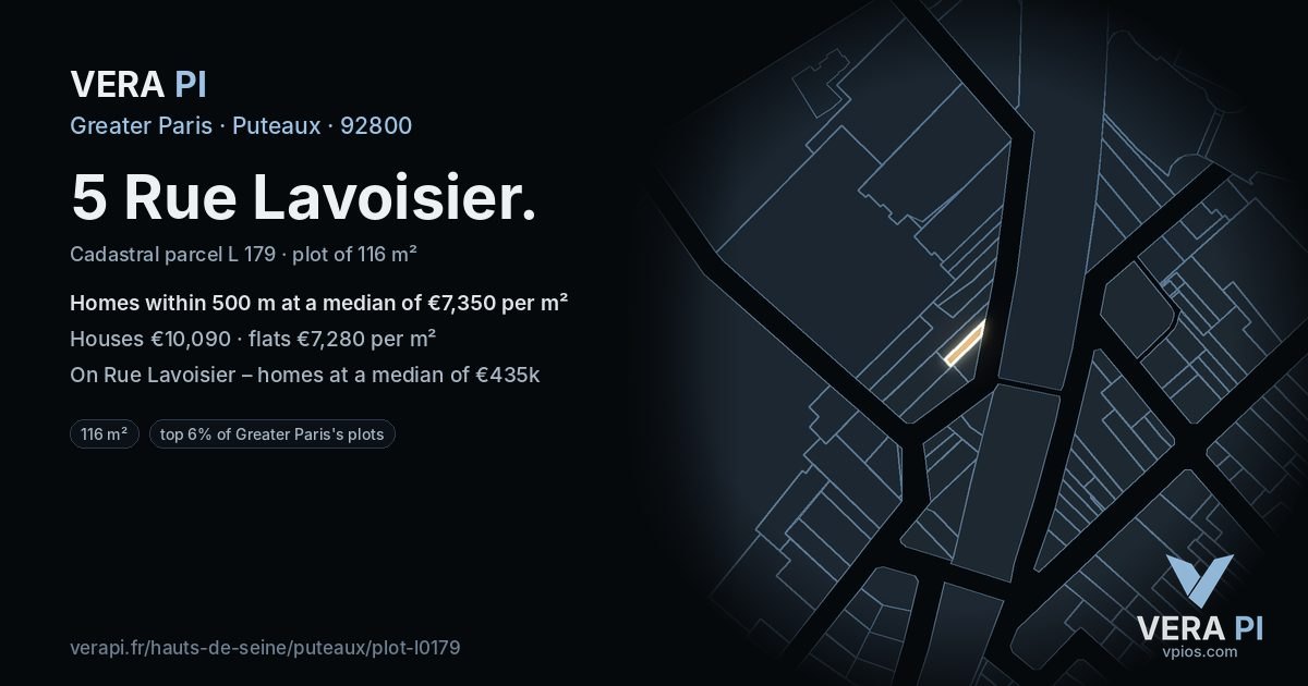 5 Rue Lavoisier, Puteaux at night – the plot lit, the parcels around coloured by the prices near them