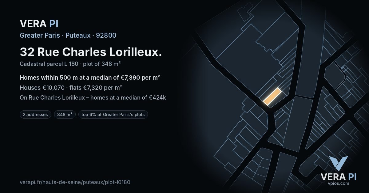 32 Rue Charles Lorilleux, Puteaux at night – the plot lit, the parcels around coloured by the prices near them