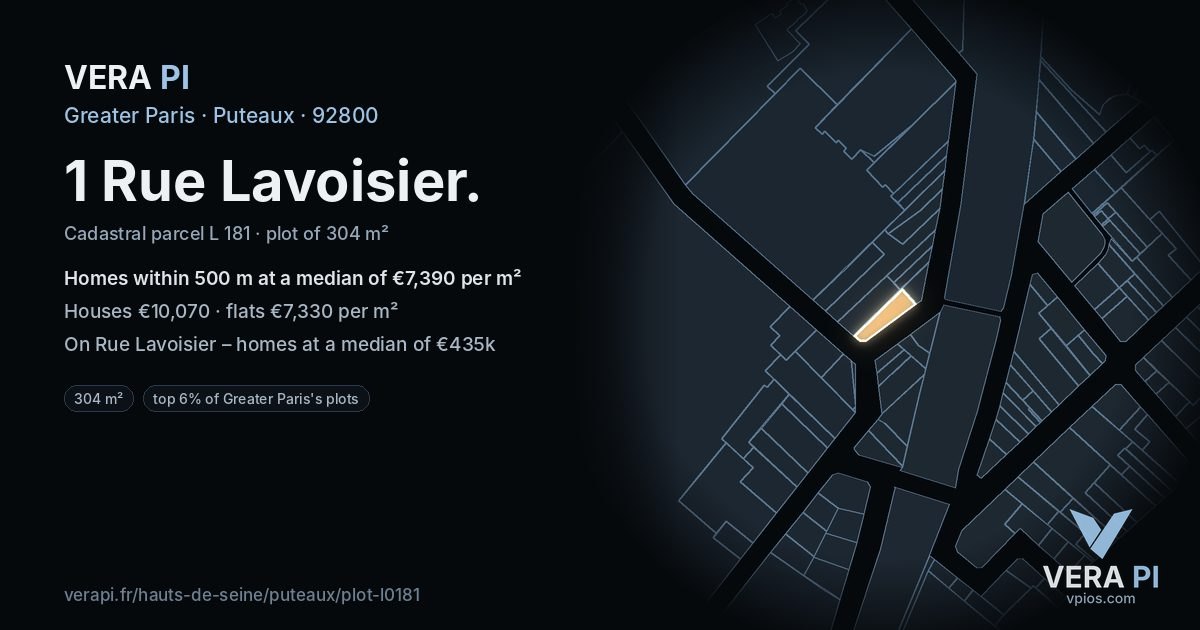 1 Rue Lavoisier, Puteaux at night – the plot lit, the parcels around coloured by the prices near them