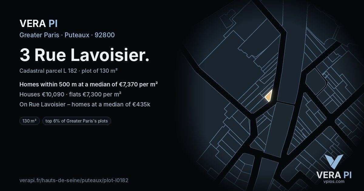 3 Rue Lavoisier, Puteaux at night – the plot lit, the parcels around coloured by the prices near them