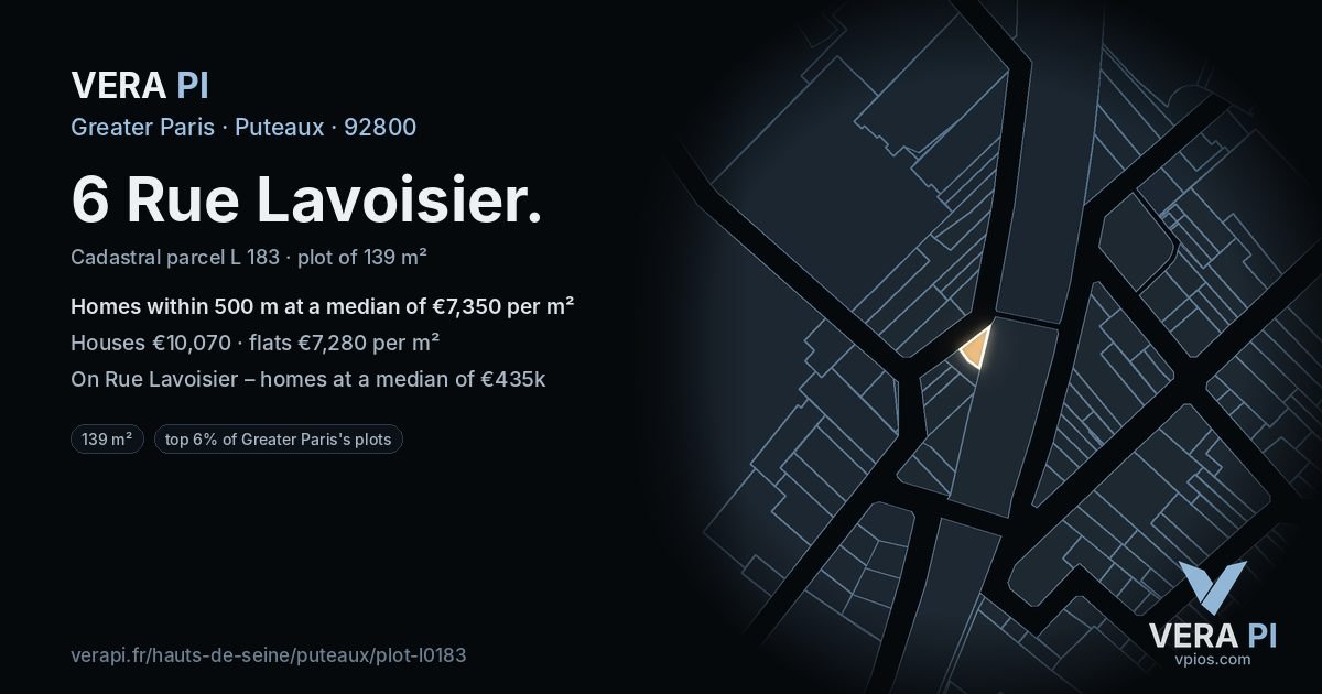 6 Rue Lavoisier, Puteaux at night – the plot lit, the parcels around coloured by the prices near them