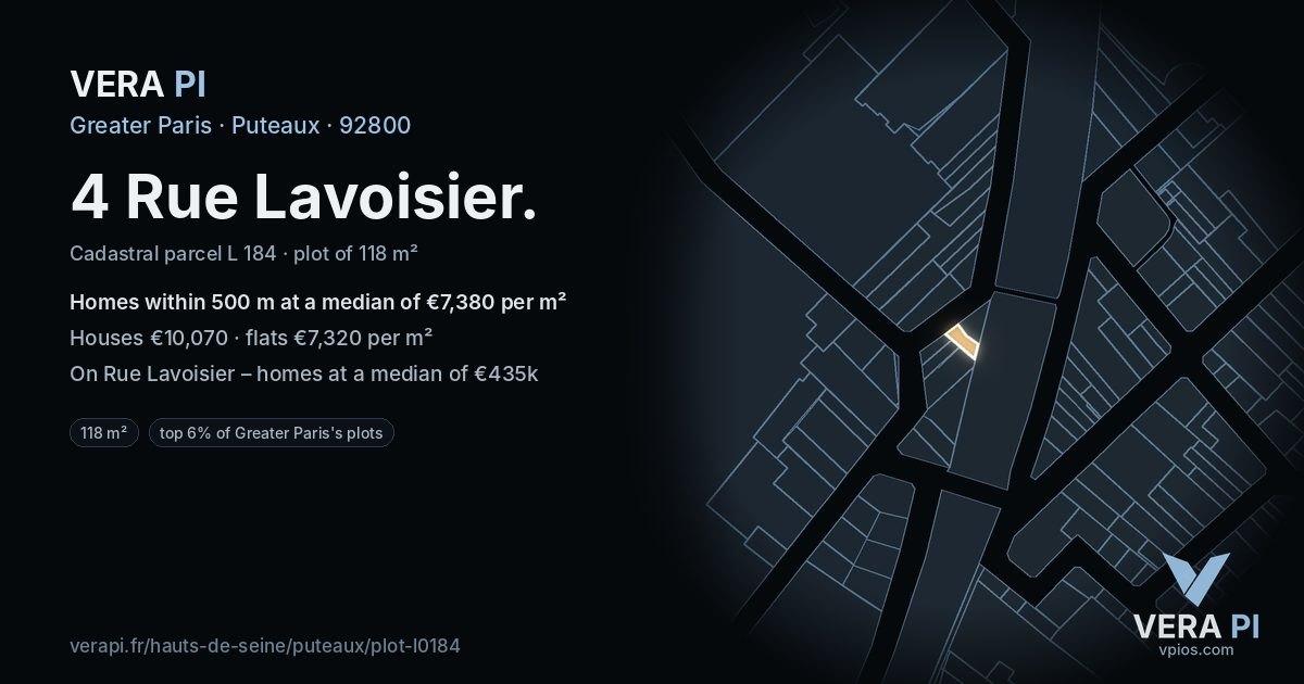 4 Rue Lavoisier, Puteaux at night – the plot lit, the parcels around coloured by the prices near them