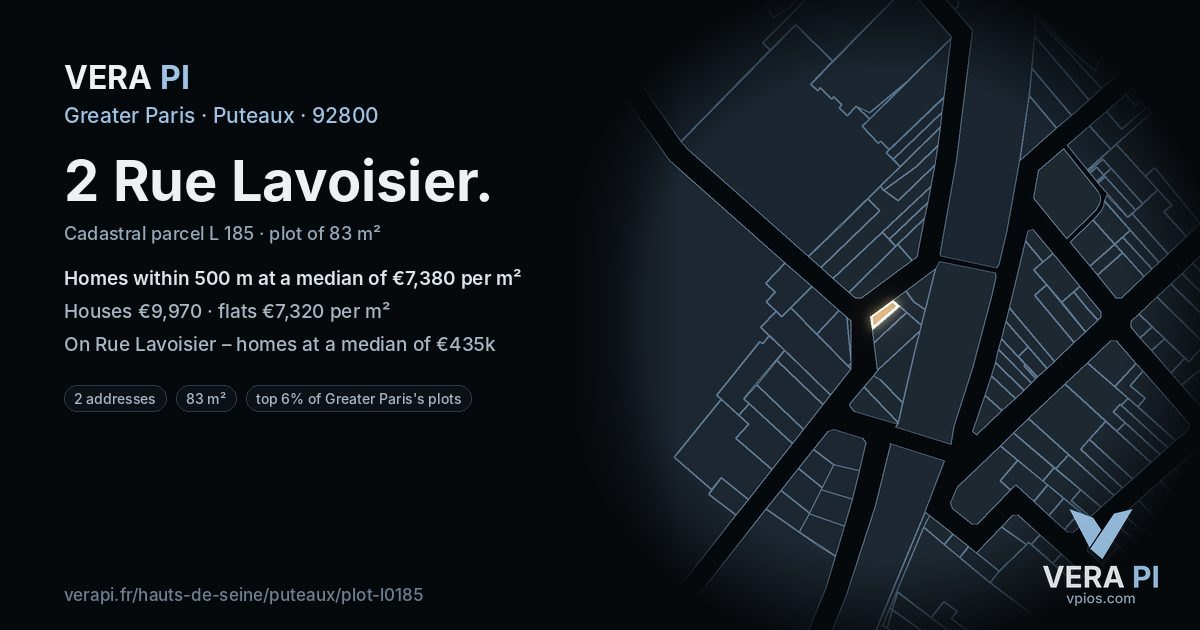 2 Rue Lavoisier, Puteaux at night – the plot lit, the parcels around coloured by the prices near them