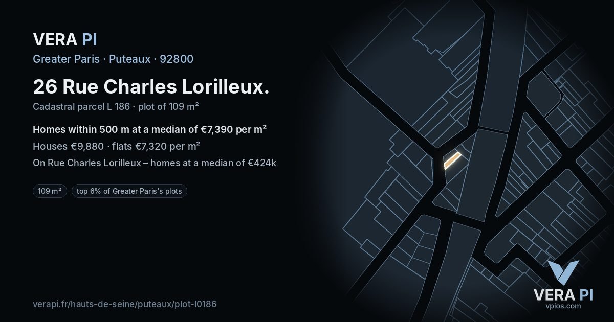 26 Rue Charles Lorilleux, Puteaux at night – the plot lit, the parcels around coloured by the prices near them