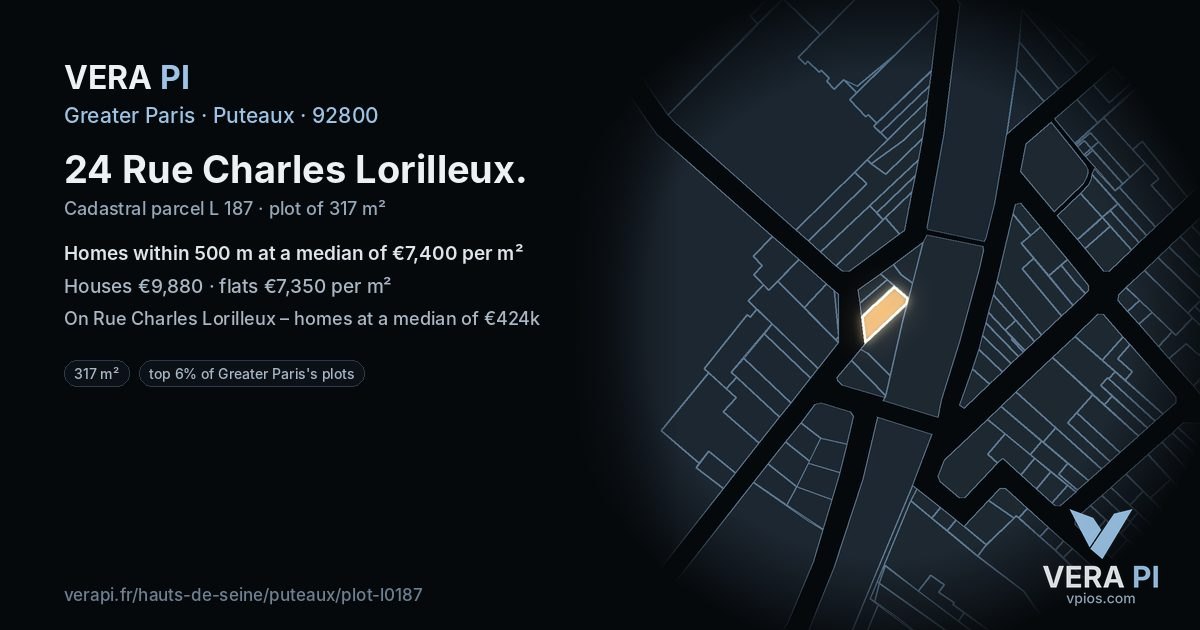 24 Rue Charles Lorilleux, Puteaux at night – the plot lit, the parcels around coloured by the prices near them