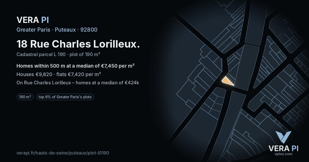 18 Rue Charles Lorilleux, Puteaux at night – the plot lit, the parcels around coloured by the prices near them