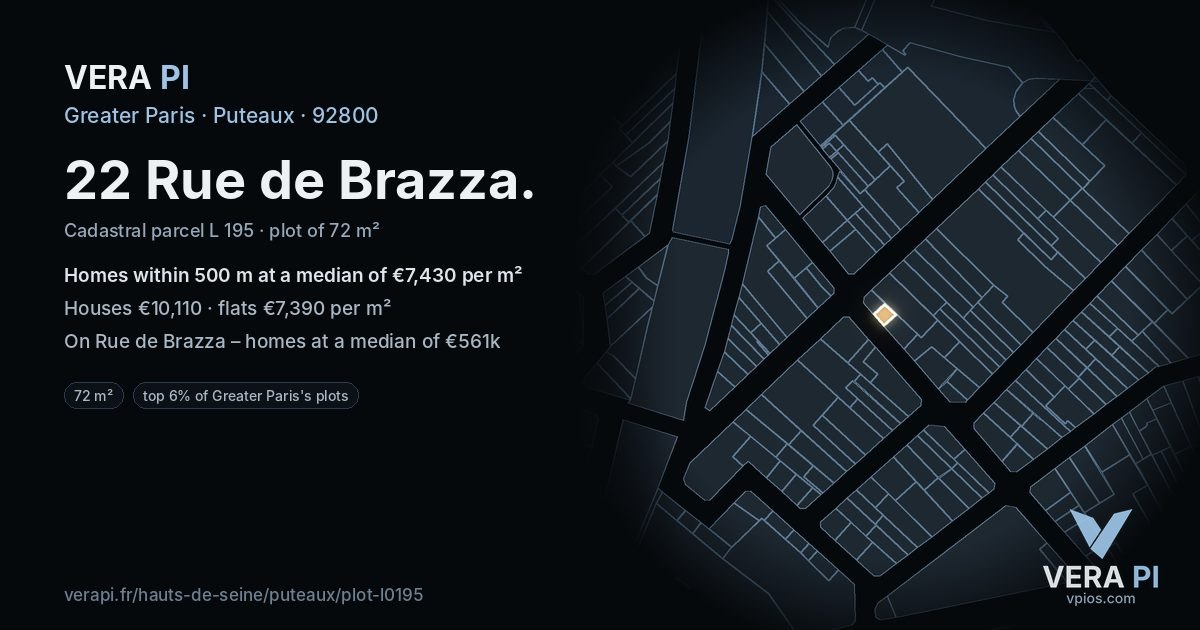 22 Rue de Brazza, Puteaux at night – the plot lit, the parcels around coloured by the prices near them