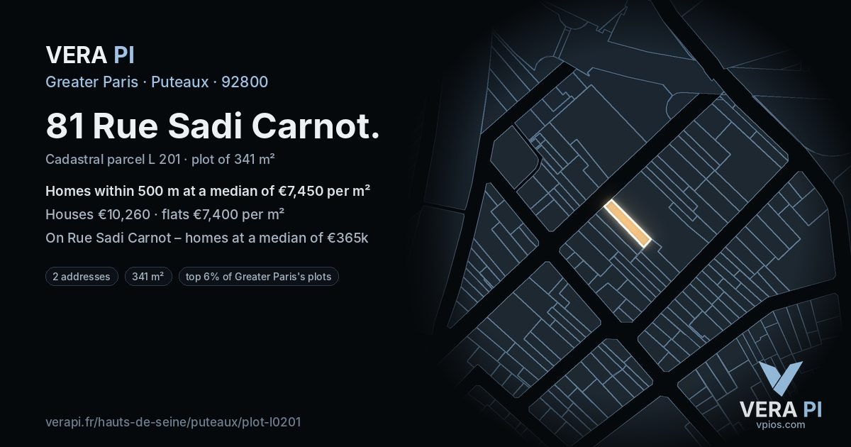 81 Rue Sadi Carnot, Puteaux at night – the plot lit, the parcels around coloured by the prices near them
