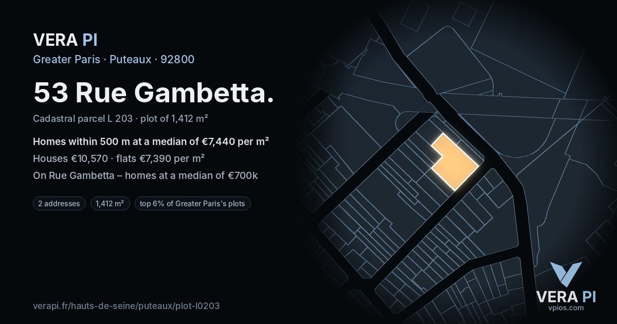 53 Rue Gambetta, Puteaux at night – the plot lit, the parcels around coloured by the prices near them