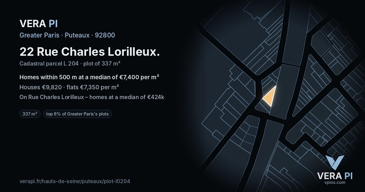 22 Rue Charles Lorilleux, Puteaux at night – the plot lit, the parcels around coloured by the prices near them