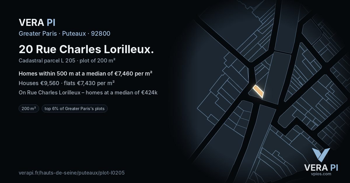 20 Rue Charles Lorilleux, Puteaux at night – the plot lit, the parcels around coloured by the prices near them
