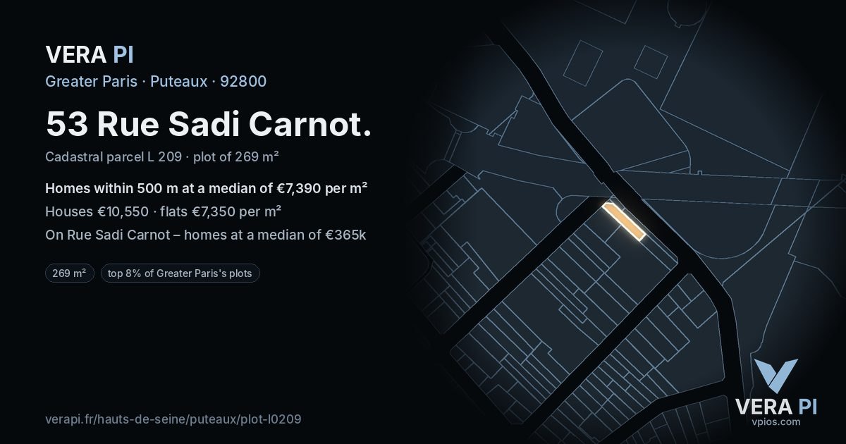 53 Rue Sadi Carnot, Puteaux at night – the plot lit, the parcels around coloured by the prices near them