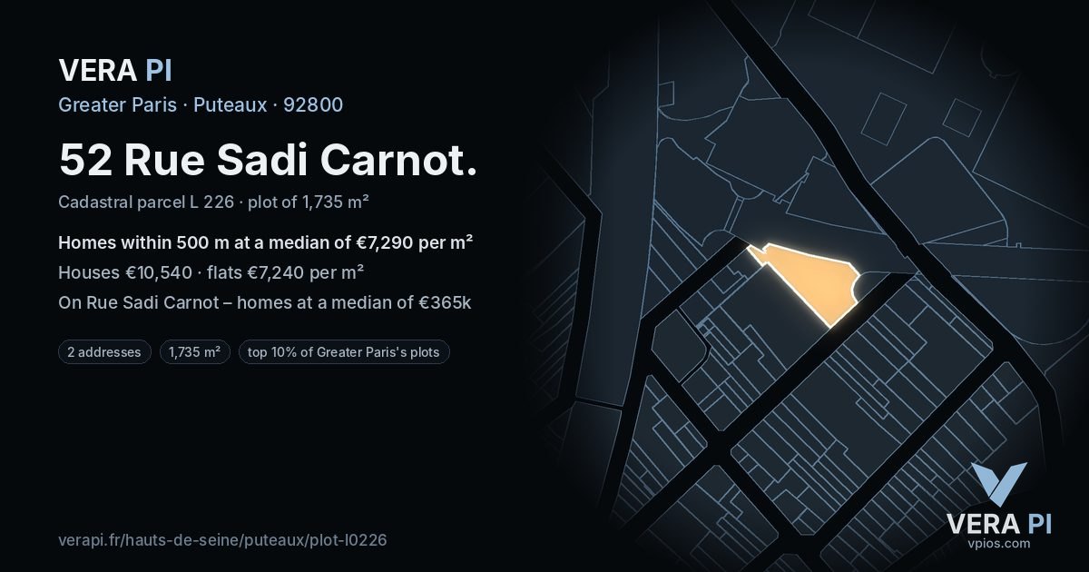 52 Rue Sadi Carnot, Puteaux at night – the plot lit, the parcels around coloured by the prices near them