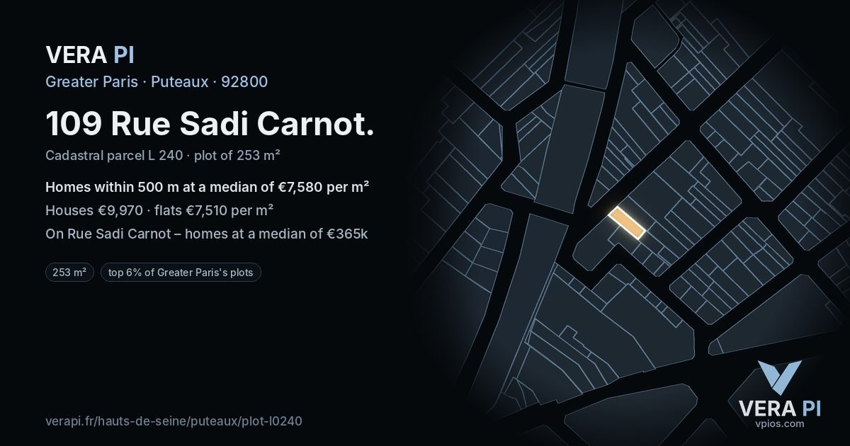109 Rue Sadi Carnot, Puteaux at night – the plot lit, the parcels around coloured by the prices near them
