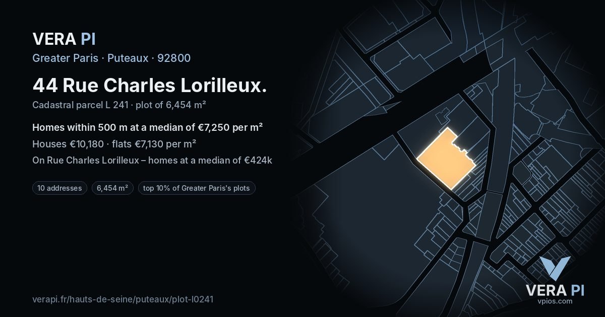 44 Rue Charles Lorilleux, Puteaux at night – the plot lit, the parcels around coloured by the prices near them