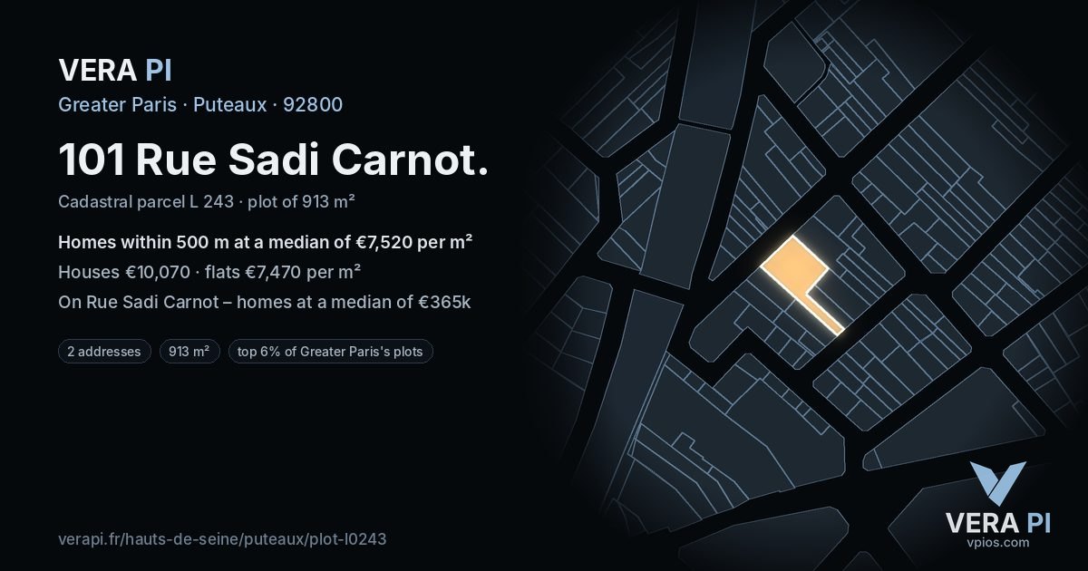 101 Rue Sadi Carnot, Puteaux at night – the plot lit, the parcels around coloured by the prices near them
