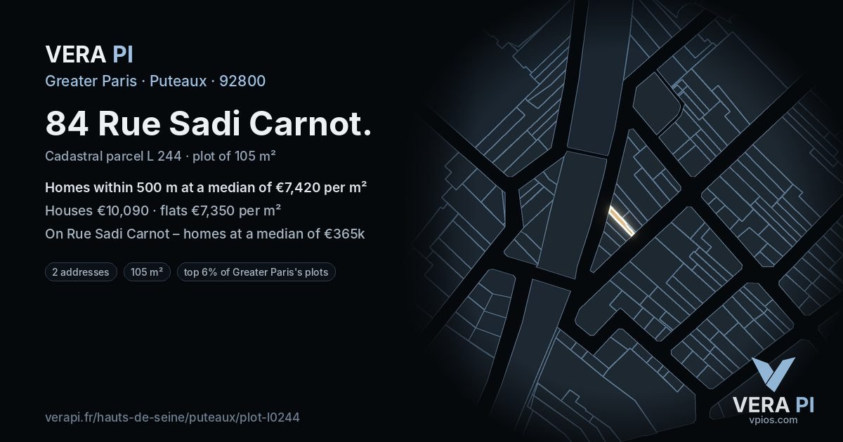 84 Rue Sadi Carnot, Puteaux at night – the plot lit, the parcels around coloured by the prices near them