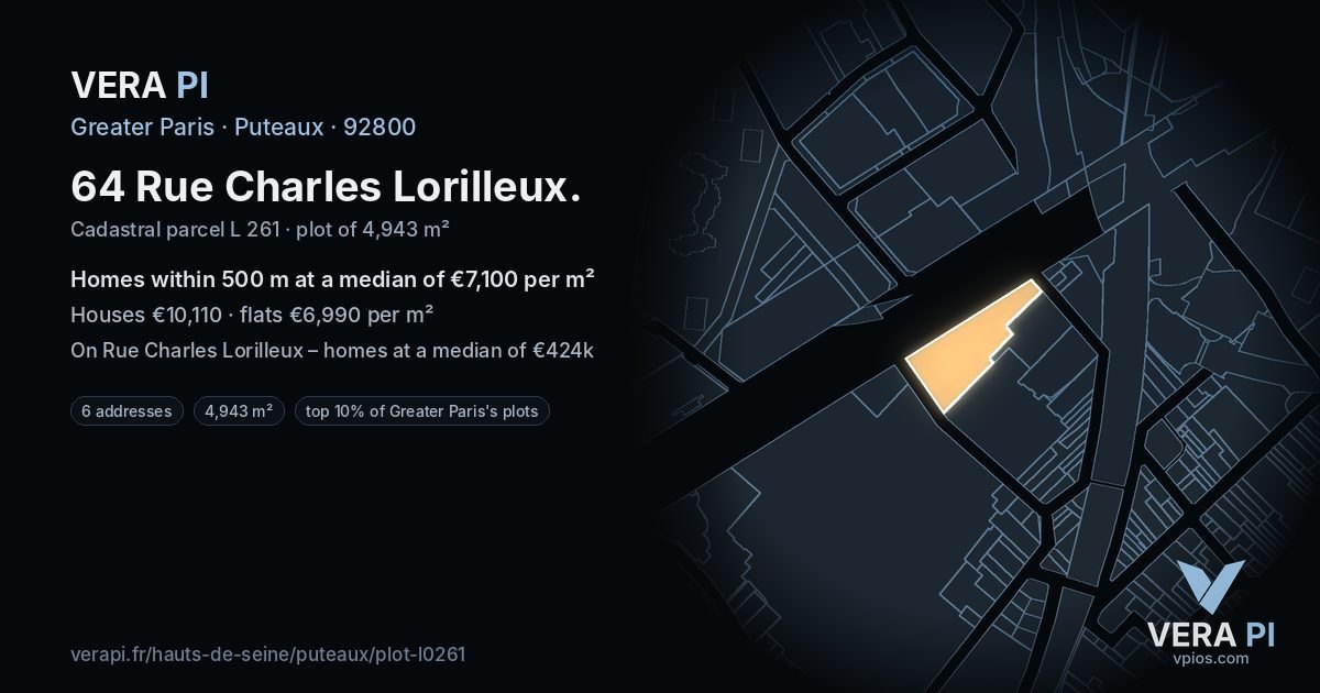 64 Rue Charles Lorilleux, Puteaux at night – the plot lit, the parcels around coloured by the prices near them