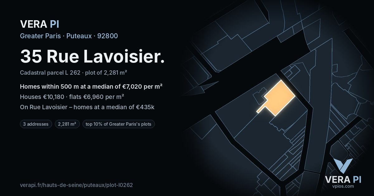 35 Rue Lavoisier, Puteaux at night – the plot lit, the parcels around coloured by the prices near them