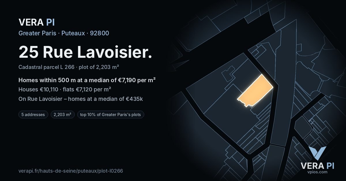 25 Rue Lavoisier, Puteaux at night – the plot lit, the parcels around coloured by the prices near them