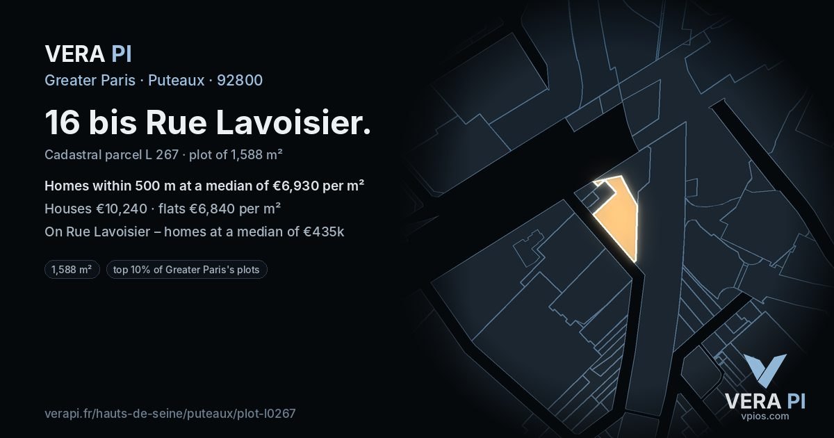 16 bis Rue Lavoisier, Puteaux at night – the plot lit, the parcels around coloured by the prices near them