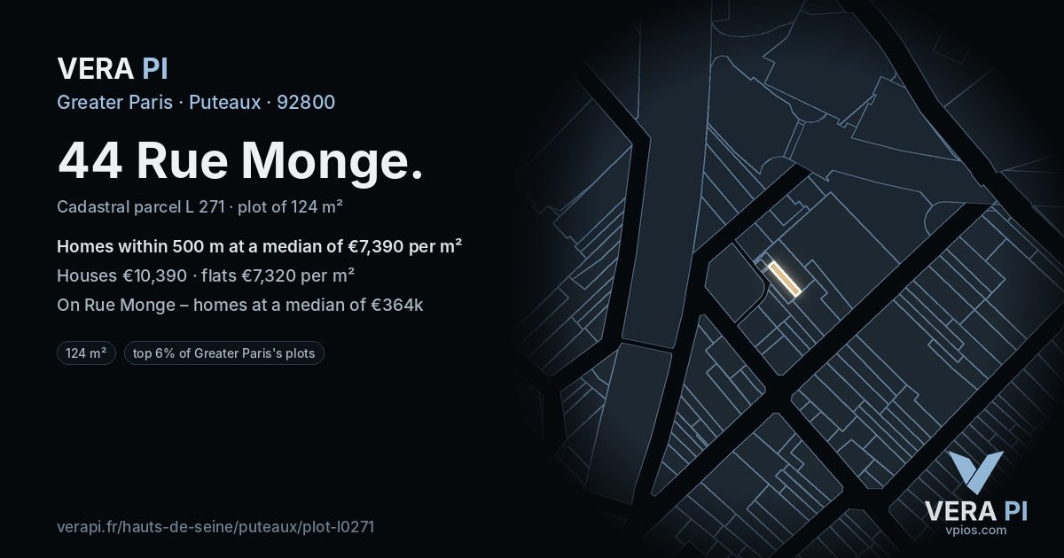 44 Rue Monge, Puteaux at night – the plot lit, the parcels around coloured by the prices near them