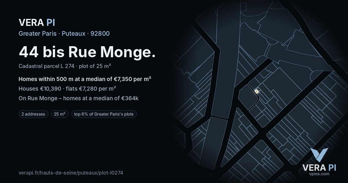 44 bis Rue Monge, Puteaux at night – the plot lit, the parcels around coloured by the prices near them