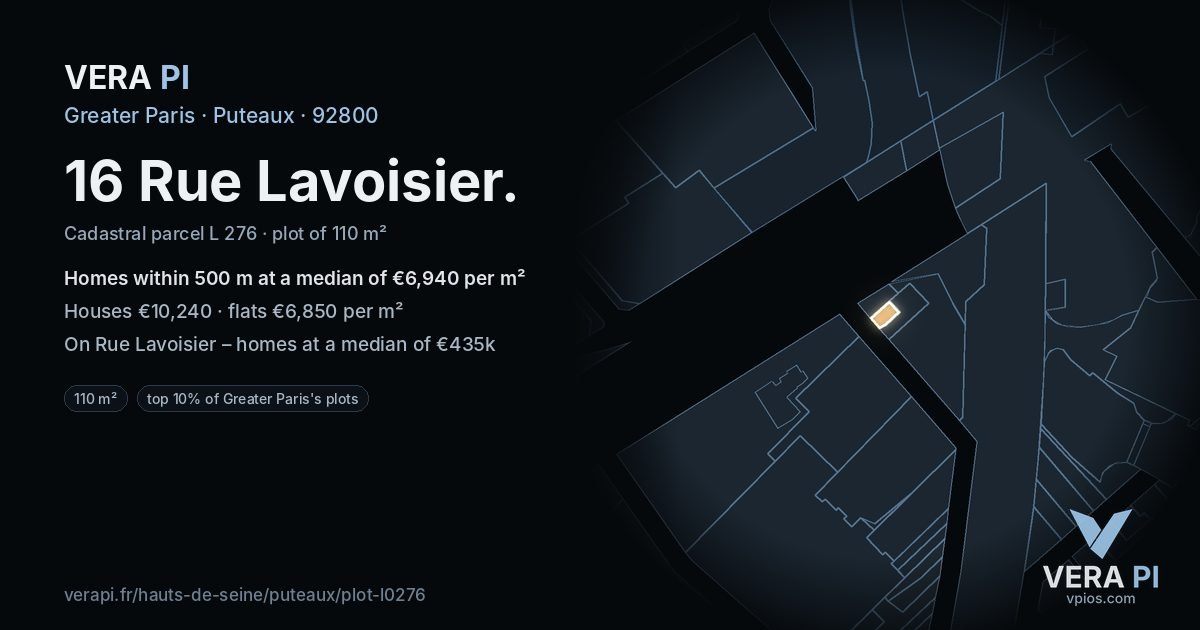 16 Rue Lavoisier, Puteaux at night – the plot lit, the parcels around coloured by the prices near them