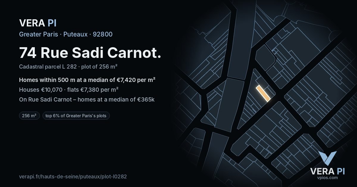 74 Rue Sadi Carnot, Puteaux at night – the plot lit, the parcels around coloured by the prices near them