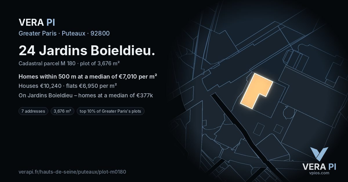 24 Jardins Boieldieu, Puteaux at night – the plot lit, the parcels around coloured by the prices near them