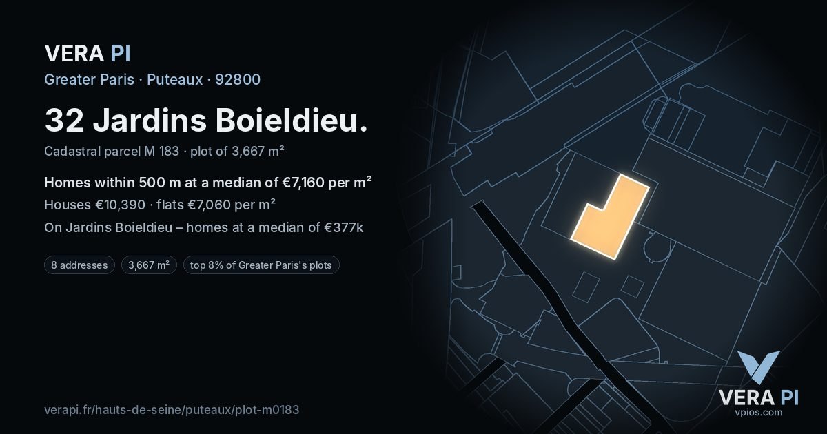 32 Jardins Boieldieu, Puteaux at night – the plot lit, the parcels around coloured by the prices near them
