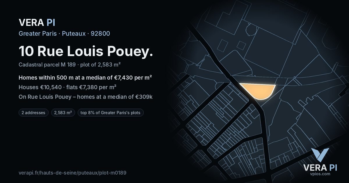 10 Rue Louis Pouey, Puteaux at night – the plot lit, the parcels around coloured by the prices near them
