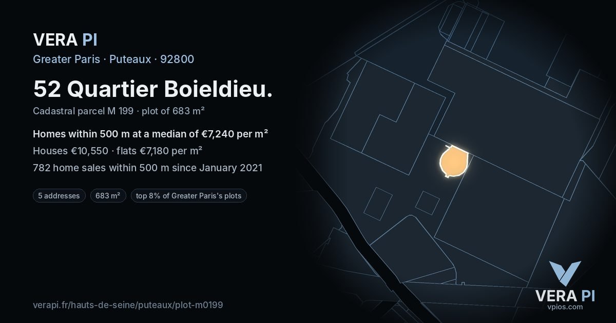 52 Quartier Boieldieu, Puteaux at night – the plot lit, the parcels around coloured by the prices near them