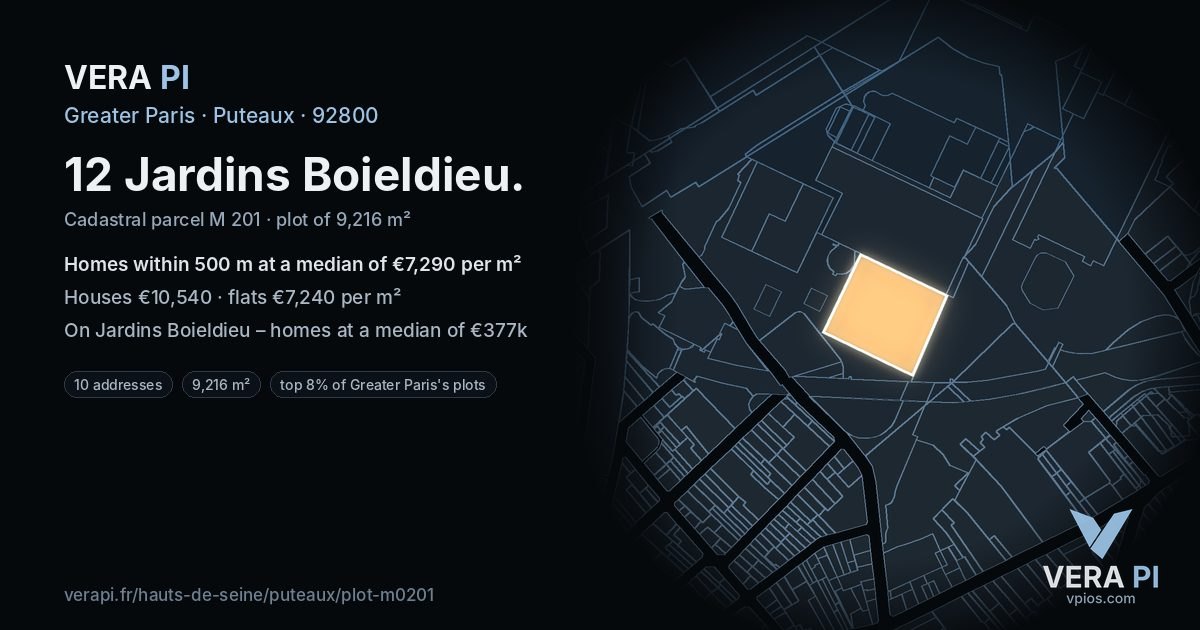12 Jardins Boieldieu, Puteaux at night – the plot lit, the parcels around coloured by the prices near them